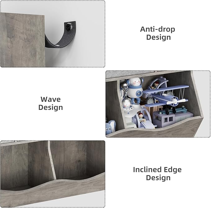 3-Tier Kids Bookshelf & Toy Storage Organizer - Wooden Bookcase with 3 Drawers, 4 Cubby Shelves, Anti-Tip Safety Design - Nursery, Playroom, Children's Room -2 Set Grey