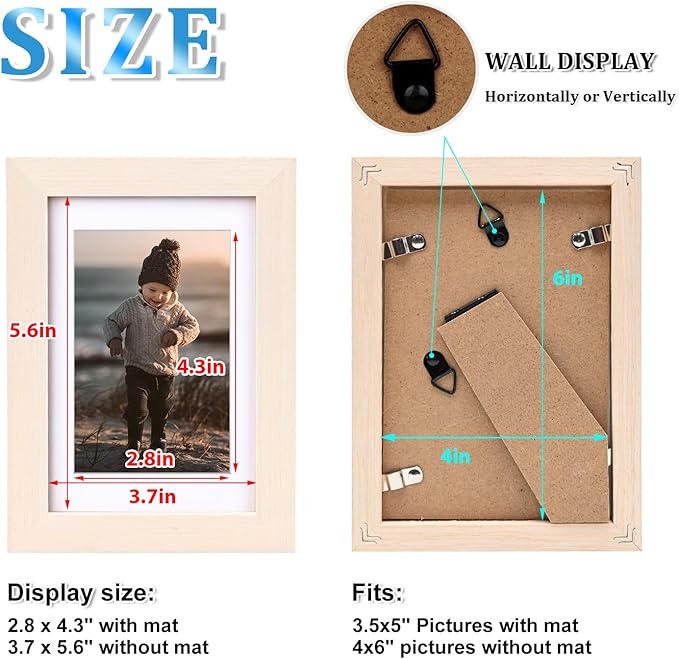 KINLINK 4x6 Picture Frames White Oak, Light Wood Frames with Acrylic Plexiglass for 3.5x5 with Mat or 4x6 without Mat, Tabletop and Wall Mounting Display, Set of 4
