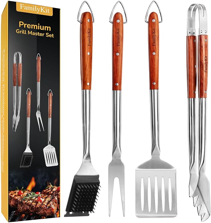 Grilling Accessories - 4Pcs Rose Wooden BBQ Grilling Tools Set, Heavy Duty Stainless Steel Barbecue Grill Tools Kit with Spatula, Clips, Brushes, Forks for Outdoor Grill, BBQ Gift for Men and Women