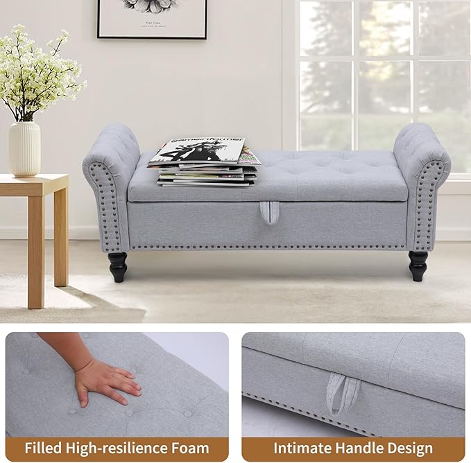Storage Ottoman Bench with Arms, Linen End of Bed Bench for Bedroom, Button Tufted Storage Bench for Entryway, Living Room,Hallway, Large Storage Bench Foot Rest (New Grey)