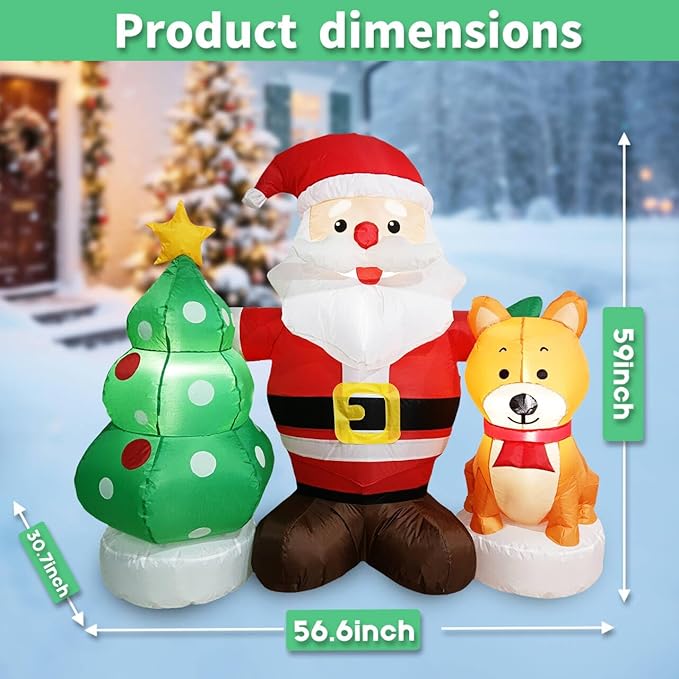 5FT Long Christmas Inflatable Santa Set with Dog & Tree Blow up Lighted Yard Decoration Suitable for Christmas Indoor Outdoor Xmas Yard Party Holiday Garden Decor