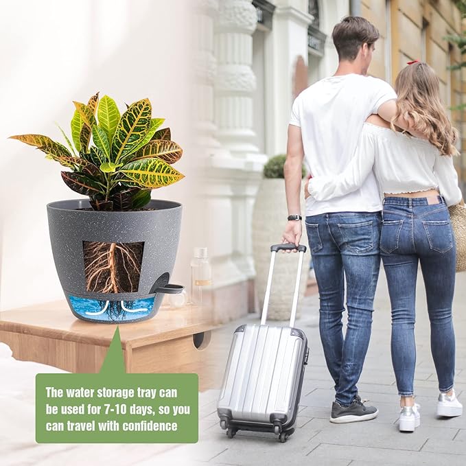 Large Self Watering Pots, 12/10/9 Plastic Planters with High Drainage Holes and Deep Reservoir for Indoor Outdoor Garden Plants and Flowers, Grey Speckles