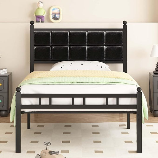 VECELO Twin Bed Frame, Faux PU Leather Platform Beds with Upholstered Headboard and Footboard, Strong Metal Slats Support, Noise-Free, No Boxing Spring Needed, PU Black