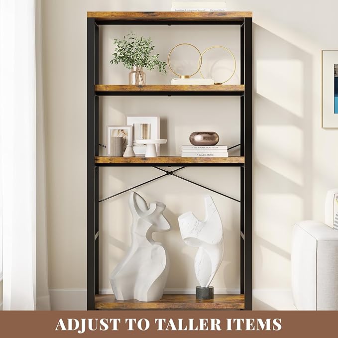 5-Tier Adjustable Heavy Duty Bookshelf, Industrial Wooden Open Storage Rack with Black Metal Frame, Vintage Bookcase with Lock Wall Design, Rustic Brown