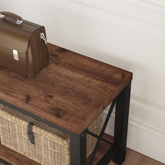 BON AUGURE 2 Tier Shoe Bench with Storage, Wood Metal Entryway Bench, Industrial Shoe Rack Benches for Entrance, Hallway, Mudroom, Bedroom, Indoor (Rustic Oak)