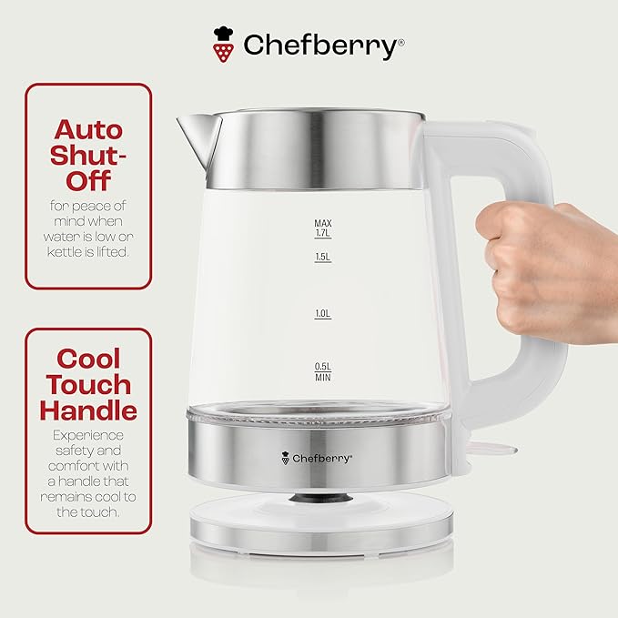 Electric Kettle for Boiling Hot Tea & Water | 1.8L Stainless Steel Borosilicate Glass Boiler With No Plastic, Automatic Shutoff, BPA Free, Fast Heating Technology