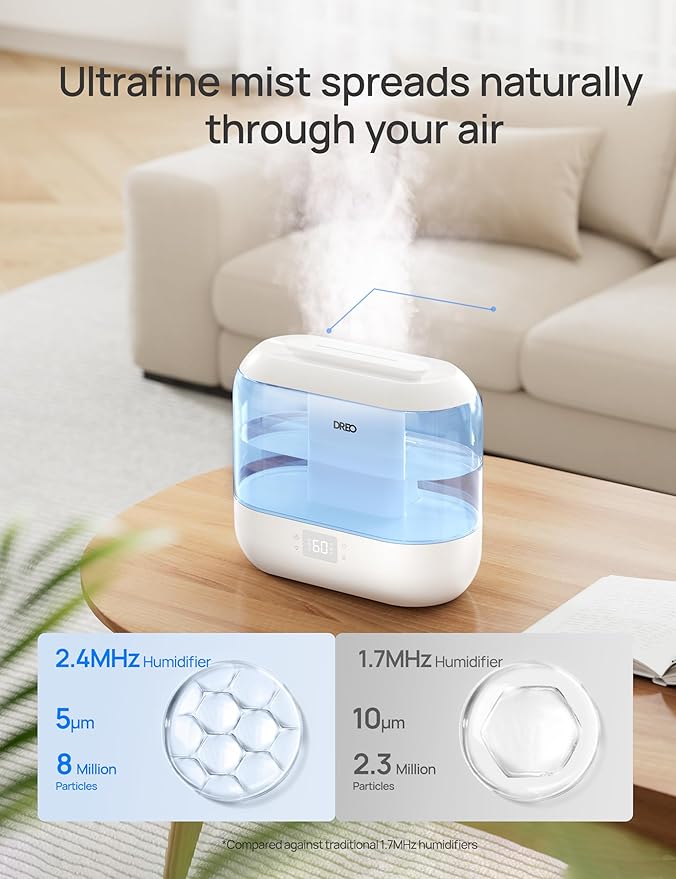 Humidifiers for Bedroom - Dreo Quiet (4L Water Tank) Cool Mist Top Fill Essential Oil Diffuser for Home, Smart App & Voice Control, Rapid Ultrasonic Humidification Baby Nursery and Plants, Blue