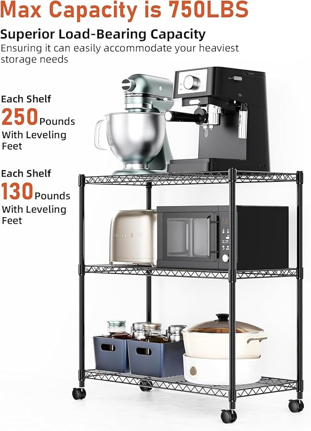 HealSmart 3-Tier Heavy Duty Storage Shelves 750Lb Capacity, 24.02" D x 13.78" W x 31.98" H Shelving Unit for Pantry, Garage, Laundry and Kitchen, Black