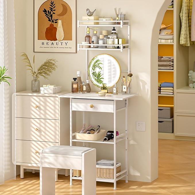Small Vanity Desk Without Mirror, Makeup Vanity Table for Small Space, Compact White Dressing Table with Fabric Drawers, Makeup Vanity with Storage for Bedroom, White, 23.6in（W）