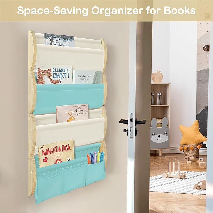 Wooden Wall Mounted Bookshelf for Kids Rooms, 4 Tier Floating Nursery Book Shelf, Kids Bookshelf with 2 Pockets, Toddler Sling Book Rack with Deep Sleeves (Blue)