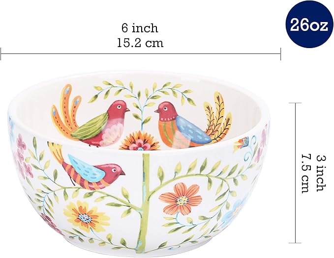 Bico Red Spring Bird Cereal Bowls Set of 4, 26 oz Deep Ceramic Soup Bowls for Cereal, Salad, Noodles, Kitchen, Microwave and Dishwasher Safe, Gift for Housewarming and Thanksgiving