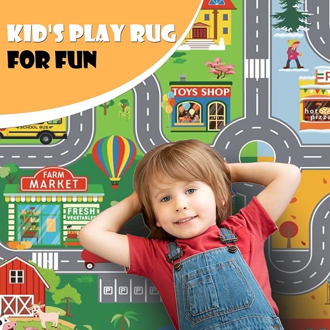 Car Rugs for Kids Toy Cars,Kids Play Rug with Non-Silp Backing, City Road Carpet for Playroom Bedroom Boys, Car Track Map Playmat - 4'11" x 3'3" (Rectangular)