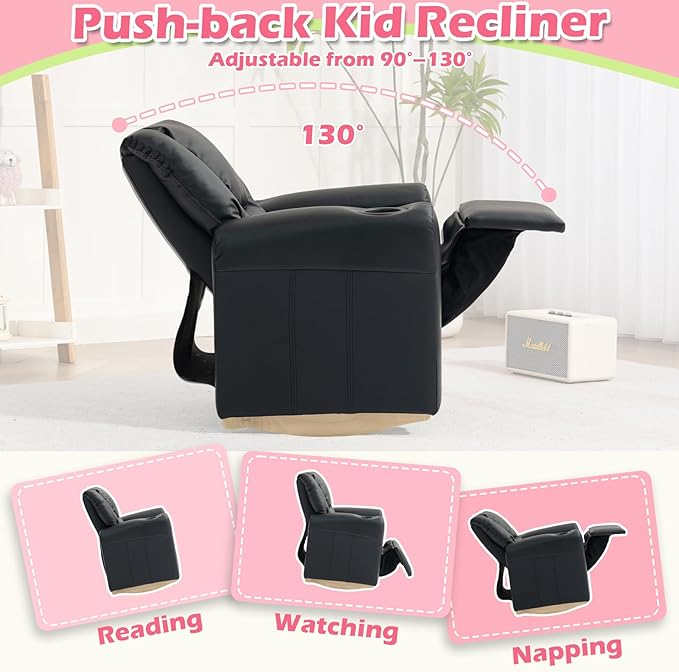AVAWING Kids Recliner Chair with Cup Holder, Leather Toddler Recliner with Adjustable Backrest, Curved Rocking Legs and Comfy Armrests for Bedroom or Nursery (Black)