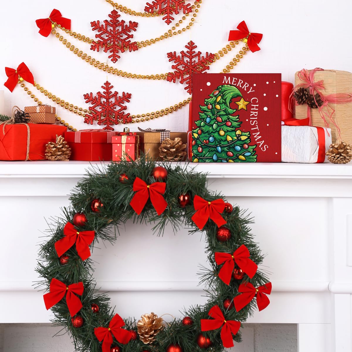 Christmas Decorations - Merry Christmas Decor, Funny Xmas Tree Wooden Sign, Home Decor for Desk Table Shelf 5 X 5 Inches