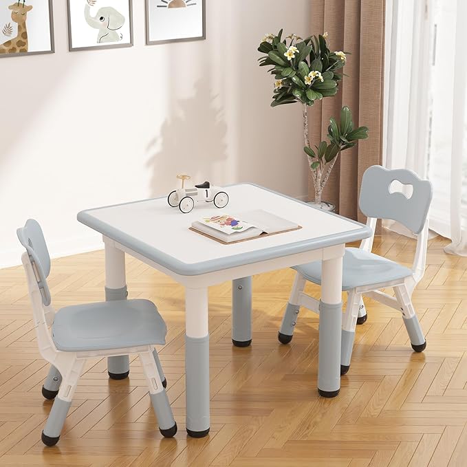 GAOMON Kids Table and 2 Chairs Set with Graffiti Desktop, Height Adjustable Toddler Table and Chairs Set for Reading, Drawing, Playing, Eating