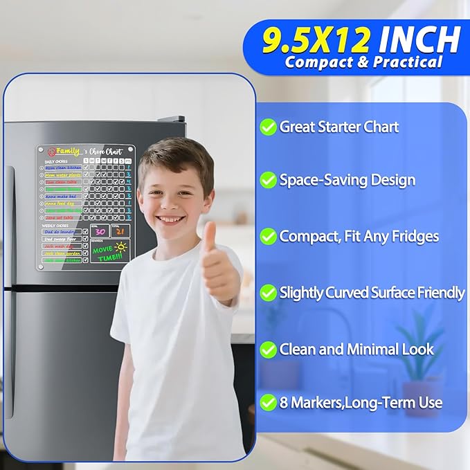 PigPotParty Acrylic Magnetic Chore Chart for Kids on Fridge – 9.5"x12" Daily & Weekly Dry Erase Chore Board with 8 Fine Tip Markers and 1 Towel – Responsibility Chart with Reward Point System