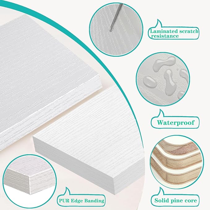 Long 48 IN White Wall Bookshelf- Curved Fan-Shaped Design with Built-in Anti-Slip Book Stops|0.71" Thicker Heavy Duty White and Gold Floating Shelf|Floating Book Shelves for Wall, Home Décor Set of 2