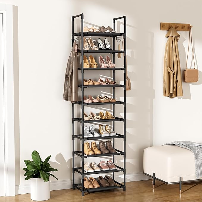 10 Tiers Shoe Rack 20-25 Pairs Large Capacity Tall Shoe Organizer Sturdy Shoe Storage with Two Hooks Metal Narrow Shoe Rack for Closet, Entryway, Bedroom, Black