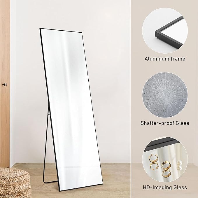 OLIXIS Full Length Mirror 64"x 21" for Bedroom, Full Body Mirror with Stand, Hanging or Leaning for Wall, Aluminum Alloy Thin Frame Floor Standing for Living Room, Long, Black