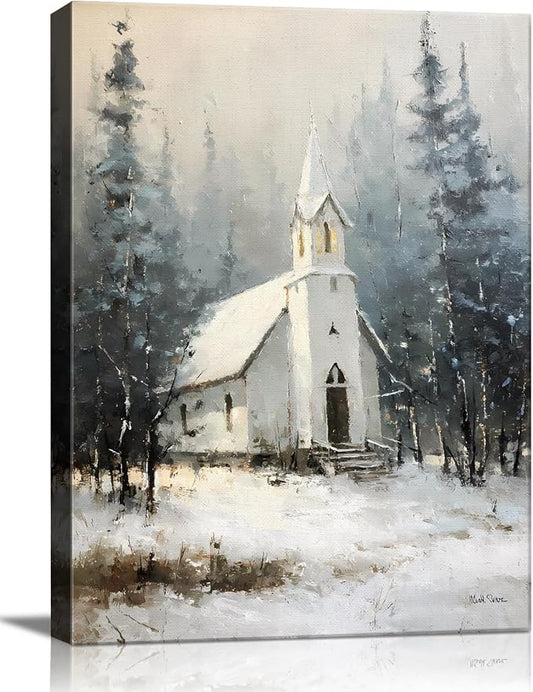 Snowy Winter Cabin Christmas Wall Art - Rustic Landscape Canvas Prints for Bedroom & Office, Ready to Hang Framed Picture, Perfect Christmas Gifts & Festive Winter Decor