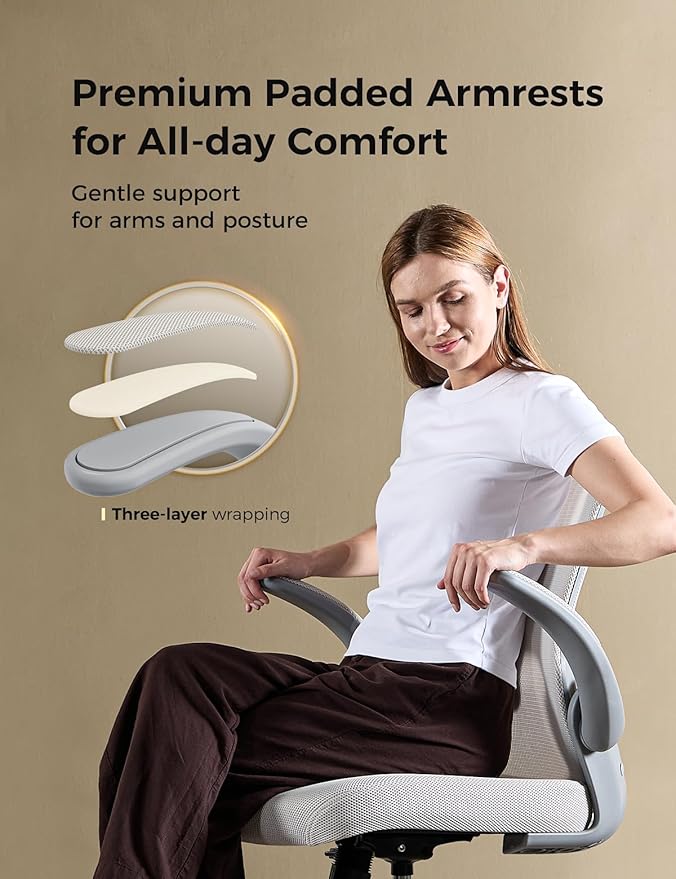 Office Chair, Mesh Ergonomic Desk Chairs, Lumbar Support, Adjustable Height, Flip-up Armrests, Swivel Function and Smooth-Rolling Wheels for Home, Office and Gaming (Gray)