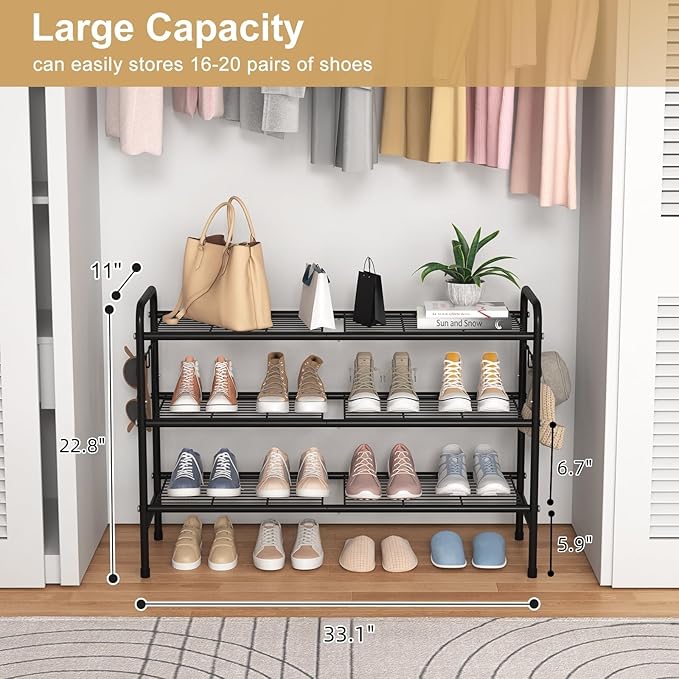 3 Tier Shoe Rack 33" Wide Metal Shoe Organizer Long Shoe Storage with 4 Side Hooks Sturdy Shoes Shelf for Front Door Entrance, Closet, Garage, Dorm, Black