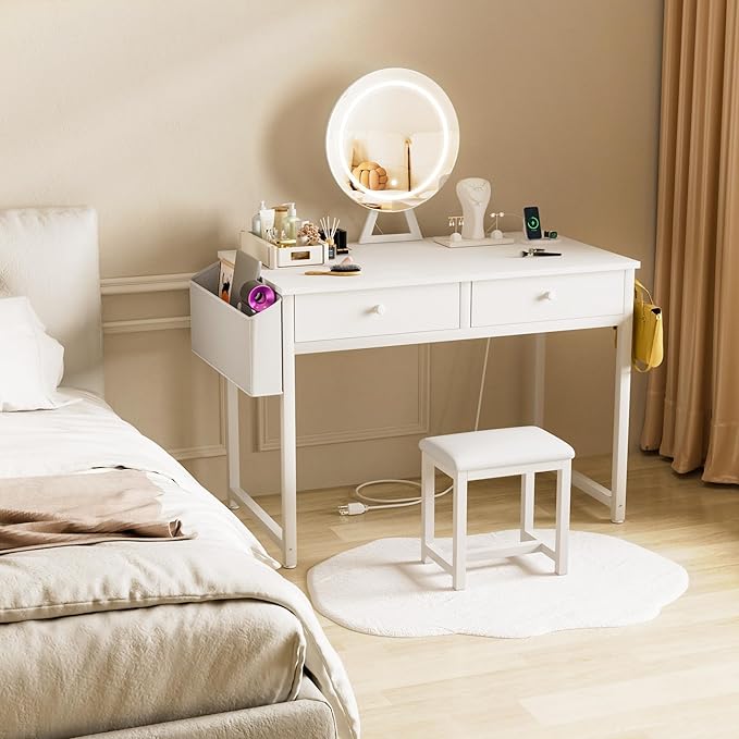Makeup Vanity Desk with Mirror and Lights - Girls White Vanity Table Set with Chair, Fabric Drawers, Power Outlet, Small Modern Make Up Dressing Table for Bedroom