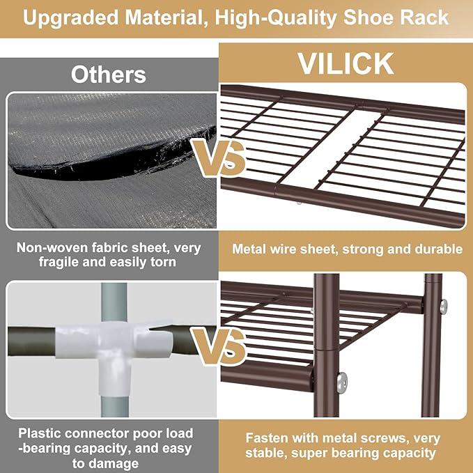 3 Tier Shoe Rack 33" Wide Metal Shoe Organizer Long Shoe Storage with 4 Side Hooks Sturdy Shoes Shelf for Front Door Entrance, Closet, Garage, Dorm, Brown