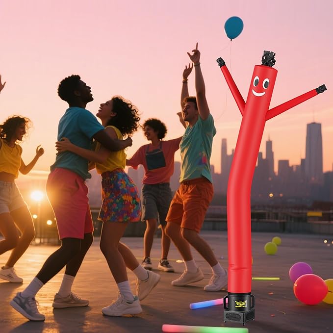 7FT Air Inflatable Waving Tube Man Set with Blower & Wheel, Air Puppet Dance Artist for Mall Opening, Amusement Park, Outdoor Decoration，Red