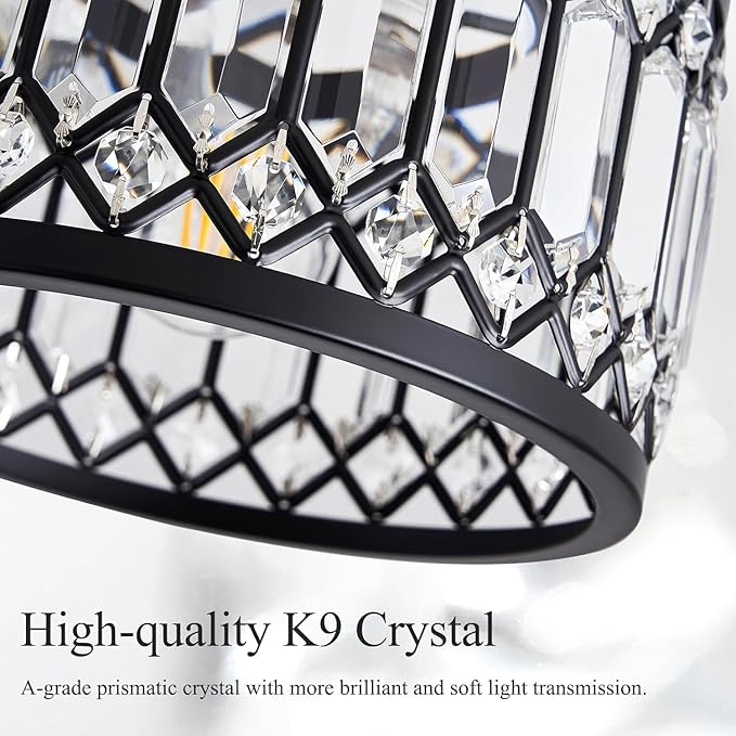 Crystal Black Ceiling Light, Modern Semi Flush Mount Ceiling Lighting Fixture, Round Hallway Lighting Fixtures for Kitchen Entryway Bedroom Laundry Room, 1-Light, 9 Inch