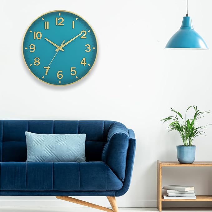 HZDHCLH Teal and Gold Wall Clocks Battery Operated 12 inch Silent Non Ticking Modern Wall Clock for Living Room Bedroom Kitchen Office Decor