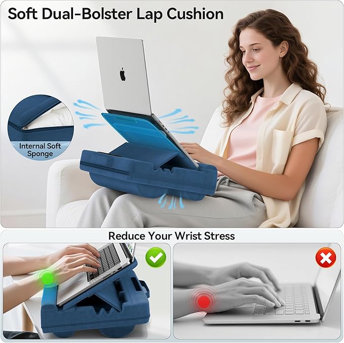 Laptop Lap Desk with Cushion, Adjustable Lap Desk Pillow with Storage, Portable Lap Table for Adults Student, Laptop Stand for Bed Office College Dorm Home Room Couch, Fits Up to 14.9" PC Tablet, Blue