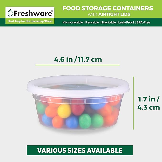 Freshware Food Storage Containers [50 Set] 8 oz Plastic Deli Containers with Lids, Slime, Soup, Meal Prep Containers | BPA Free | Stackable | Leakproof | Microwave/Dishwasher/Freezer Safe