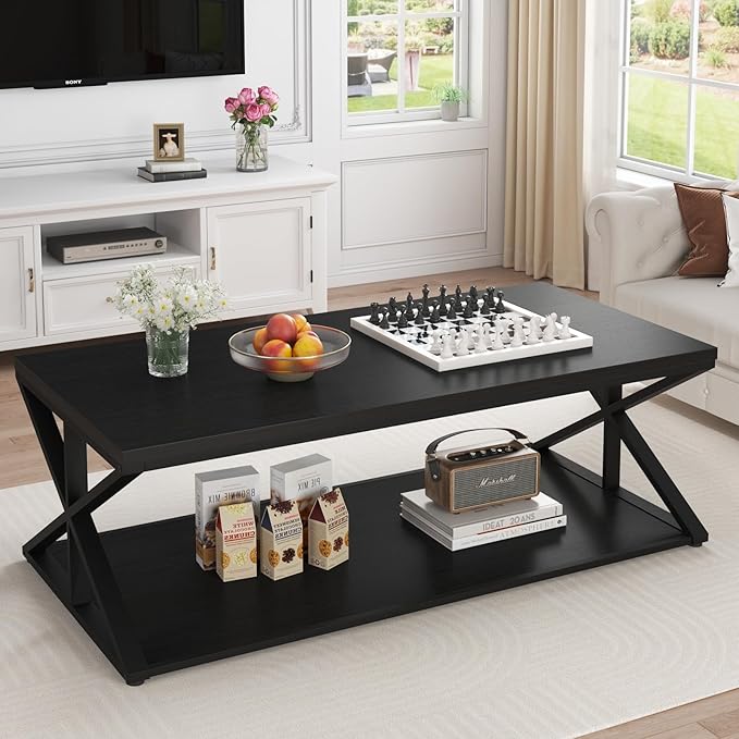 Launica Modern Coffee Table with Storage, Farmhouse Living Room Table, Minimalist Rectangle Center Table, Industrial Vintage Wood Tea Table, 47 Inch, Black Oak