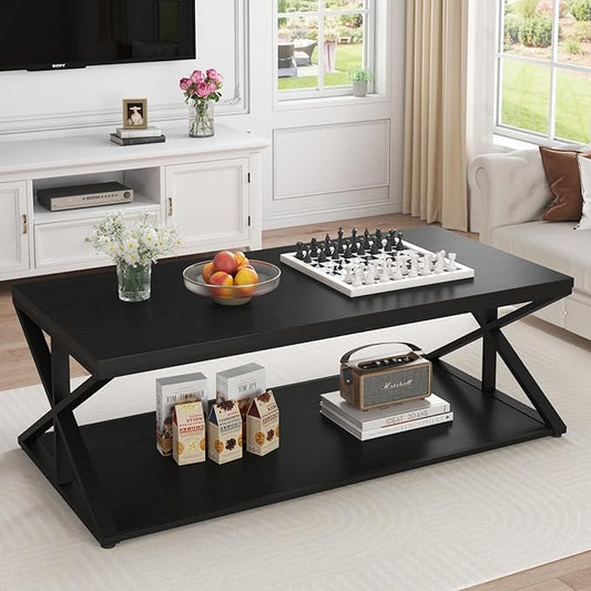 Launica Modern Coffee Table with Storage, Farmhouse Living Room Table, Minimalist Rectangle Center Table, Industrial Vintage Wood Tea Table, 47 Inch, Black Oak