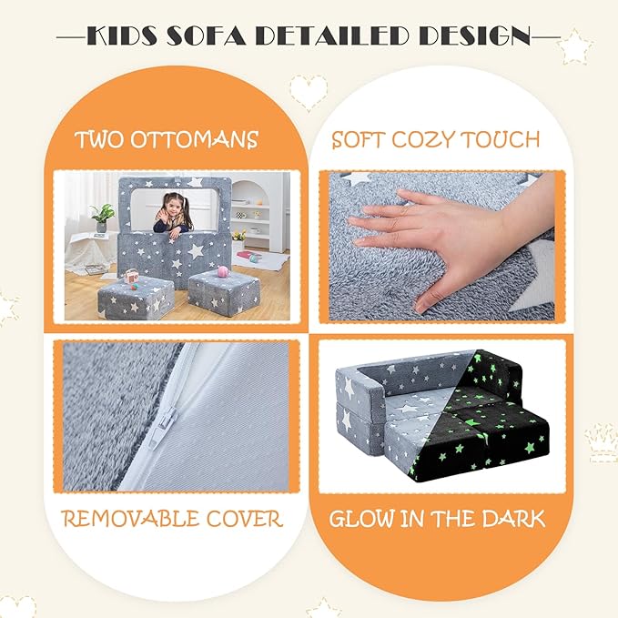 Kids Play Couch 3-in-1 Modular Toddler Baby Couches Foam Armchair for Boys & Girls Children Convertible Sofa to Lounger Fold Out Kids Furniture Sofa Play Set, Grow in The Dark Star