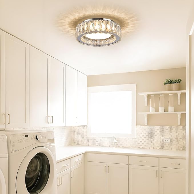 11 Inch Chrome Modern Luxury Crystal Flush Mount Ceiling Light Fixture,5CCT 3000K-6000K 24W,Round Small Dimmable Led Chandelier Hallway Lighting for Entryway,Kitchen,Bedroom,Laundry Room