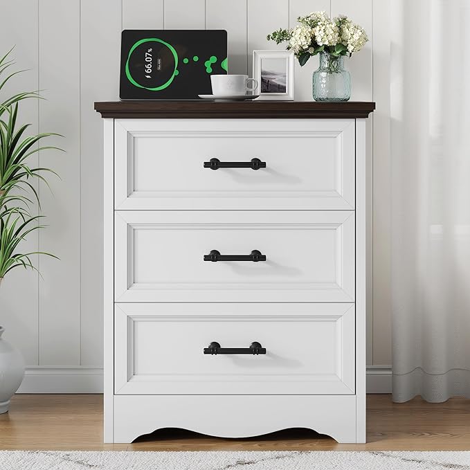 Farmhouse Nightstand with Charging Station, White Wood Bedside Table & End Table with 3 Drawers and Unique Base Design, Side Table Storage Cabinet with Metal Handles for Bedroom, Living Room