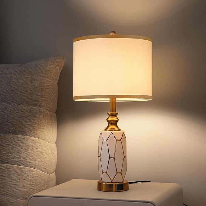 Set of 2 Touch Control Table Lamps for Bedroom Livingroom,Modern Ceramic Table Lamp with USB Ports,Bedside Nightstand Lamp with Fabric Drum Lampshade,Blubs Included (White)