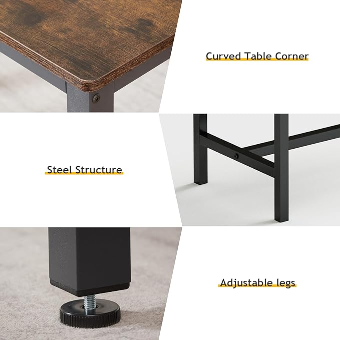 Rovibek 43" Dining Table Set for 4, Modern Space Saving Kitchen Breakfast Table with Benches & Adjustable Feet, Wooden Industrial Style Farmhouse, Brown