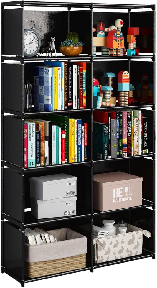 JIUYOTREE 6-Tiers Portable Bookshelf with Fabric Cloth at Back, 10 Cube Closet Storage Organizer Bookcase, Living Room,Study Room,Bedroom, Black