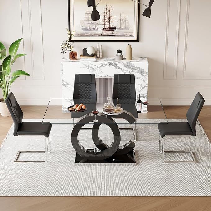 63'' Glass Dining Table Set for 4, Kitchen Table Chairs Set of 4, Clear Glass Dining Table with Black unique design Leg and Silver Metal Base, 4 PU Dining Chairs with Metal Legs, Living Room, Kitchen.