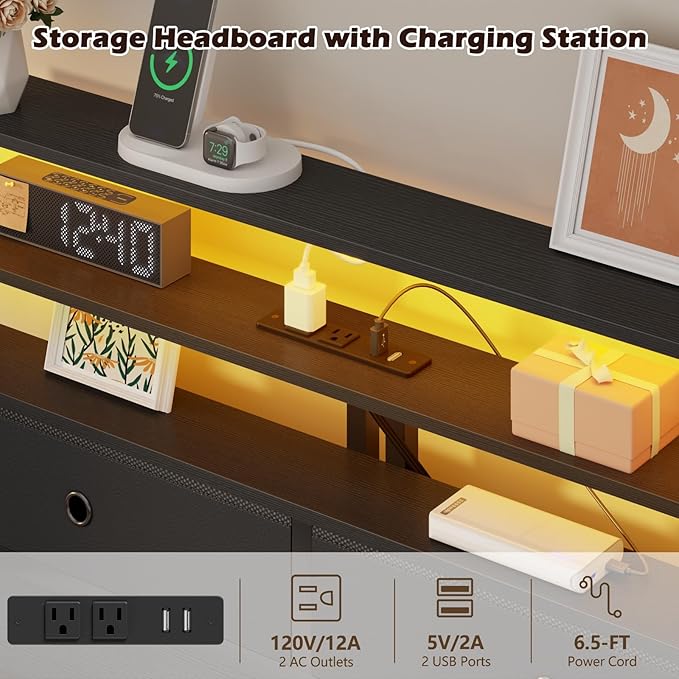 Furnulem Twin Bed Frames with Charging Station and LED Lights, Wood Headboard with 2 Fabric Drawers and Storage Shelves, Twin Size Platform Bed with Metal Slats, No Box Spring Needed, Black Oak