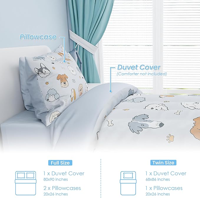 SANDJEST Dog Duvet Cover Sets Full Size for Kids Boys Girls, Incude 1 Polyester Comforter Cover 80x90 Inches and 2 Pillowcases 20x26 Inches, Comforter Not Included, Gift for Christmas Birthday