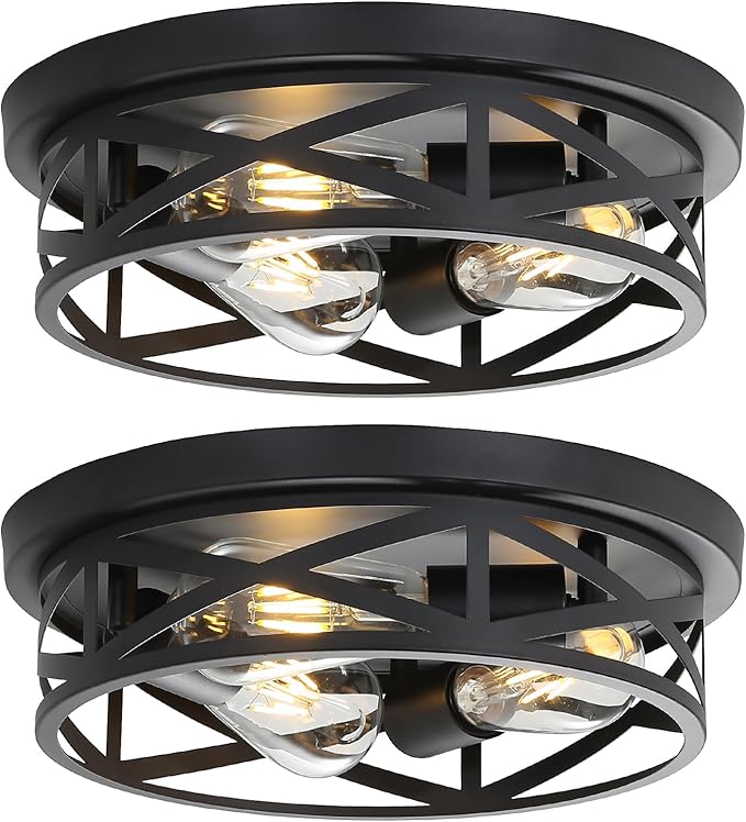 13 Inch Close to Ceiling Light Fixtures 2 Pack, 3-Lights Farmhouse Flush Mount Ceiling Light, Black Indoor Metal Cage Semi Flush Mount Ceiling Light for House Hallway Kitchen Bedroom