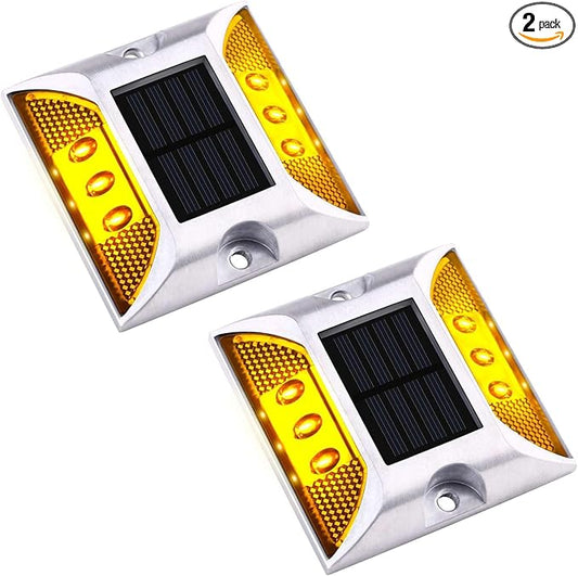 Aolyty Solar Dock Lights, IP68 Waterproof Outdoor Warning Step Lights Reflective Road Marker for Sidewalk Stair Garden Pathway Walkway (2 Pack, Yellow)