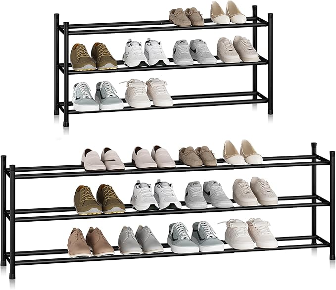 STORAGE MANIAC Long Expandable Shoe Rack, 18 Pairs Metal Wide Stackable Shoe Rack, Adjustable Shoes Shelf, Freestanding Shoes Organizer for Closet, Entryway, Hallway, Garage, Front Door, 3 Tiers