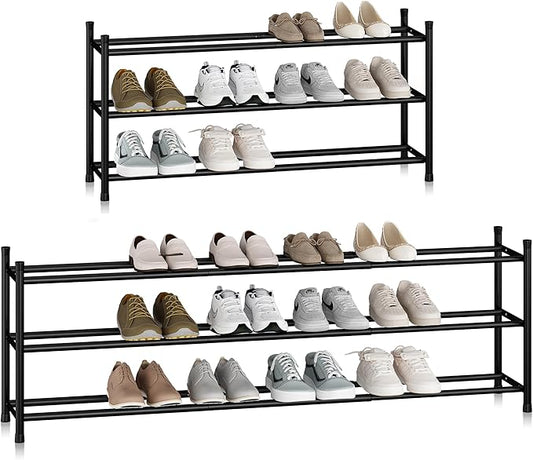 STORAGE MANIAC Long Expandable Shoe Rack, 18 Pairs Metal Wide Stackable Shoe Rack, Adjustable Shoes Shelf, Freestanding Shoes Organizer for Closet, Entryway, Hallway, Garage, Front Door, 3 Tiers