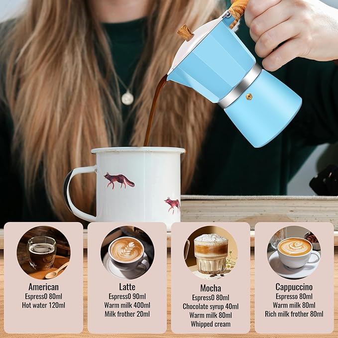 3 Cup Aluminum Moka Pot Classic Stovetop Espresso Coffee Maker 150ml 5oz Coffeemaker Percolator Mocha Pot Greca Coffee Maker Cafe Makers for Italian and Cuban Café Brewing Blue
