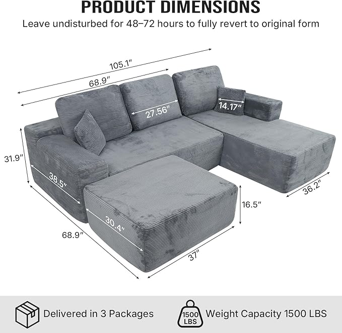 Rovibek 108” Modular Sectional Sofa with Chaise, Boneless Couches for Living Room with Deep Seat & Throw Pillow, Comfy Corduroy Fabric U Shaped Couch, No Assembly Required, Grey